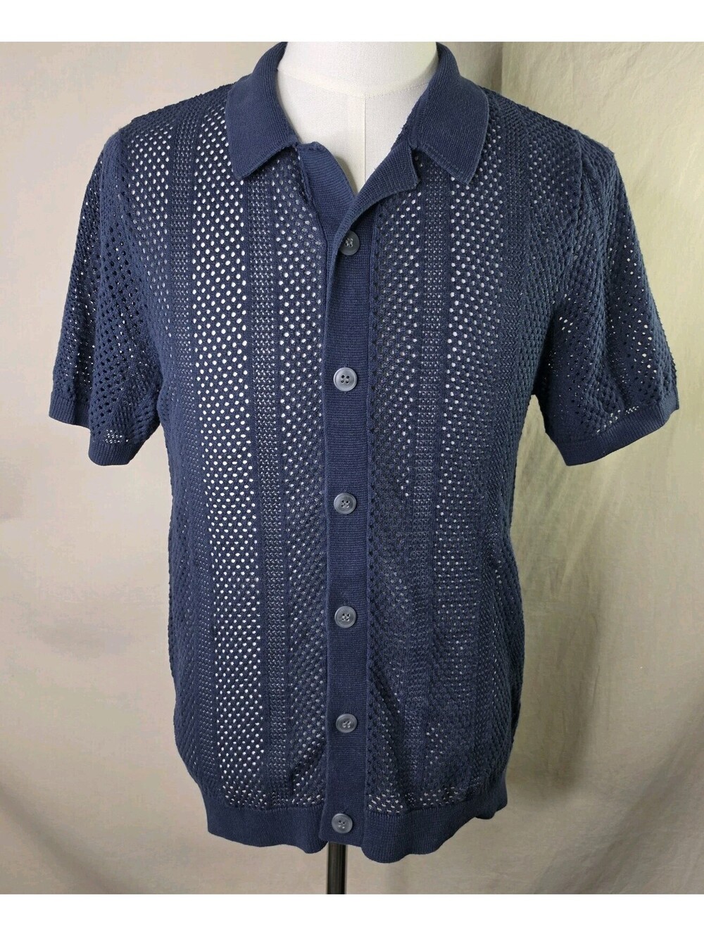 Open Edit Boxy Lace Shirt M Navy Knit Button Up
